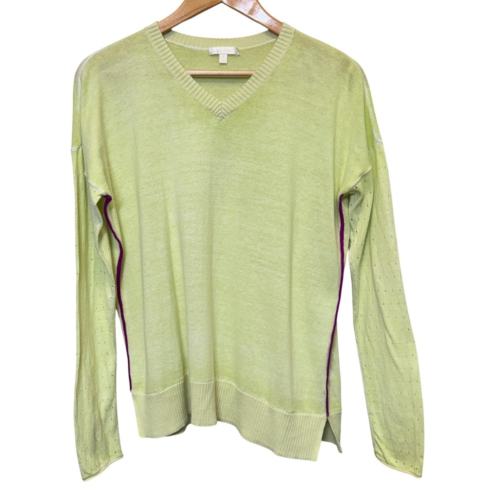 Lisa Todd Lightweight Sweater S Lime Green Pointelle V-Neck Cotton Preppy Casual